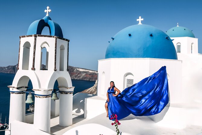 Exclusive Santorini Flying Dress Photoshoot with Pickup - Stop 1 at Blue Dome Imerovigli: where your photos get the wow factor