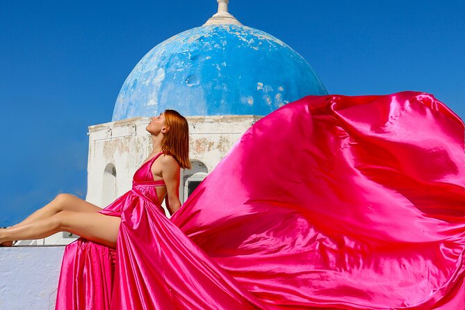 Flying Dress Photoshoot Experience in Santorini with pick up - Dress Choice and Private Changing Room (No Public Changing Stress)