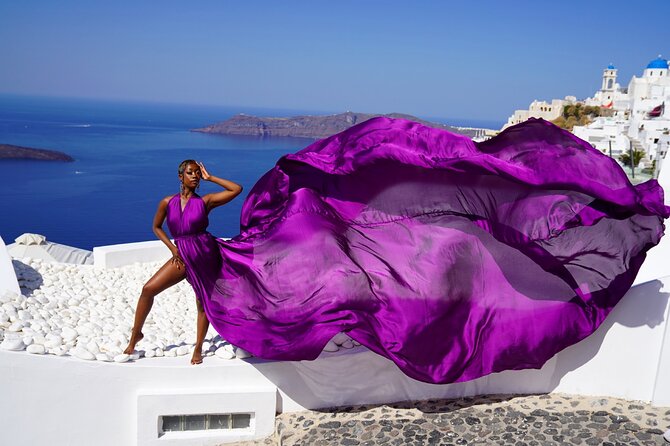 Flying Dress Photoshoot in Oia Private entry to Blue Dome - Flying Dress at Oia Blue Dome, a photo-first plan