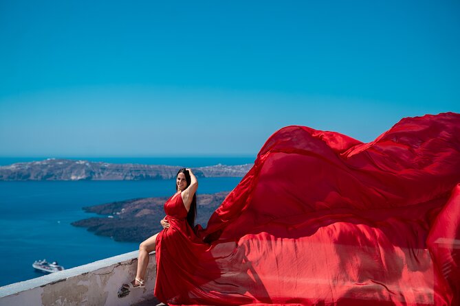 Flying Dress Photoshoot in Oia Private entry to Blue Dome - Price and value in Santorini, what $236.59 covers