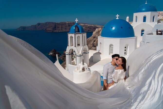 Flying Dress Photoshoot in Oia Private entry to Blue Dome - What to wear, bring, and expect in Oia heat