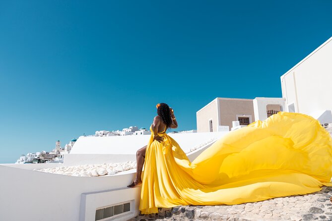 Flying Dress photoshoot Santorini w pick up & return - Timing and Duration: 1 Hour Total, Focused Shooting