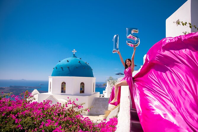 Flying Dress Photoshooting Santorini - Oia Cliffs, White Walls, Blue Domes: What Background You’re Really Buying
