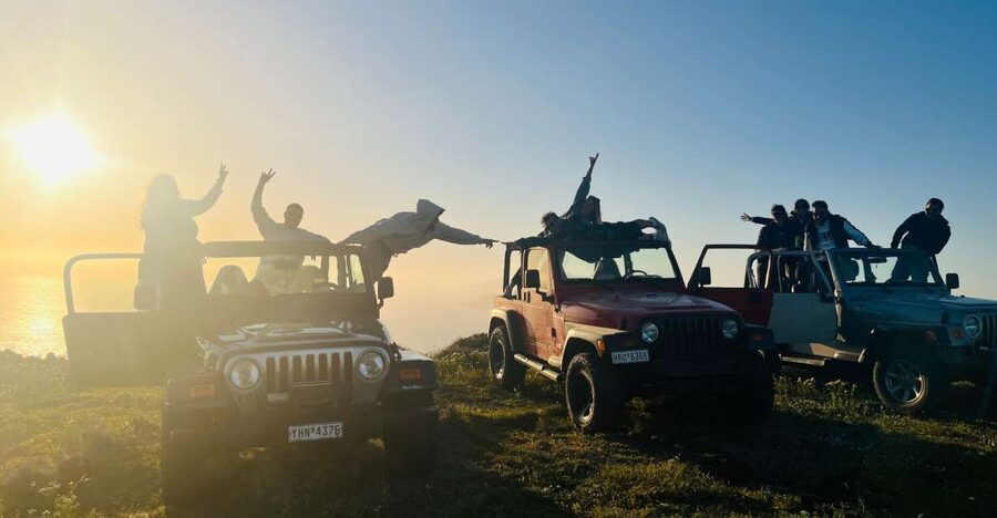 From Fira: Santorini Wrangler Jeep Convoy Tour & Villages - Emporio windmills to Vlychada and Perivolos black beach