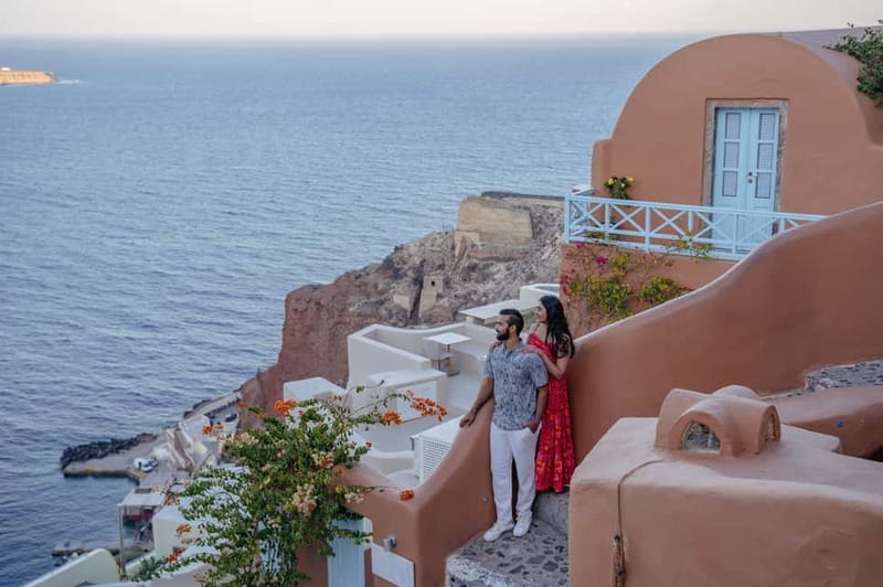 Oia: Couple Photoshoot Seprate Entrance to Blue Dome - Picking Your Backdrop: Oia, Imerovigli, Fira, or Your Own Place