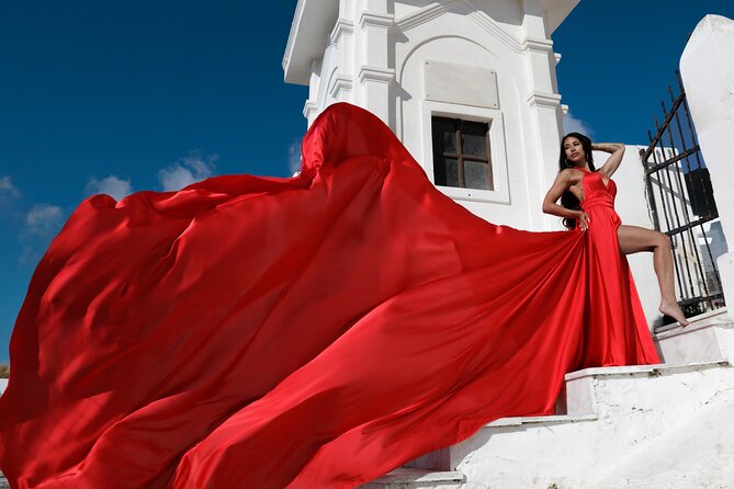 Private Flying Dress Photoshoot in Santorini – Blue Domes View - How the Flying-Dress Assistant Really Changes the Look