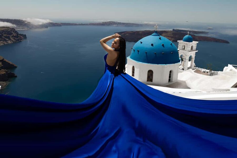 Santorini 1-Hour Private Flying Dress Photoshoot Blue Domes - The photo route: blue domes, white alleys, and caldera viewpoints