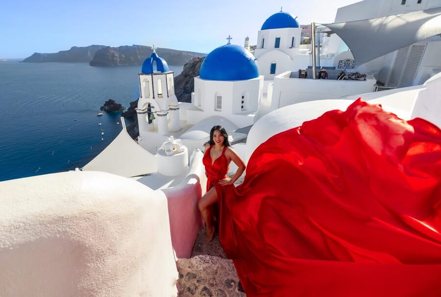 Santorini 1-Hour Private Flying Dress Photoshoot Blue Domes - Price and value: what $447 buys for up to four people