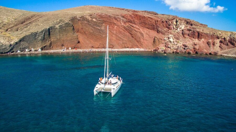 Santorini: 7-Hour Private Catamaran Cruise with Food & Drink - The volcano and hot springs area: Santorini’s most dramatic water break