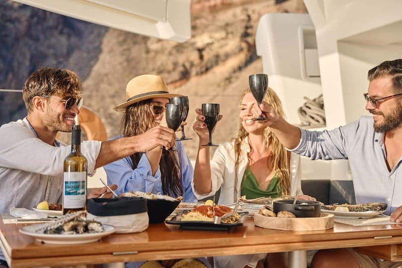 Santorini: Caldera Classic Catamaran Cruise w/ Meal & Drinks - Mesa Pigadia Snorkel and the Akrotiri Area Views