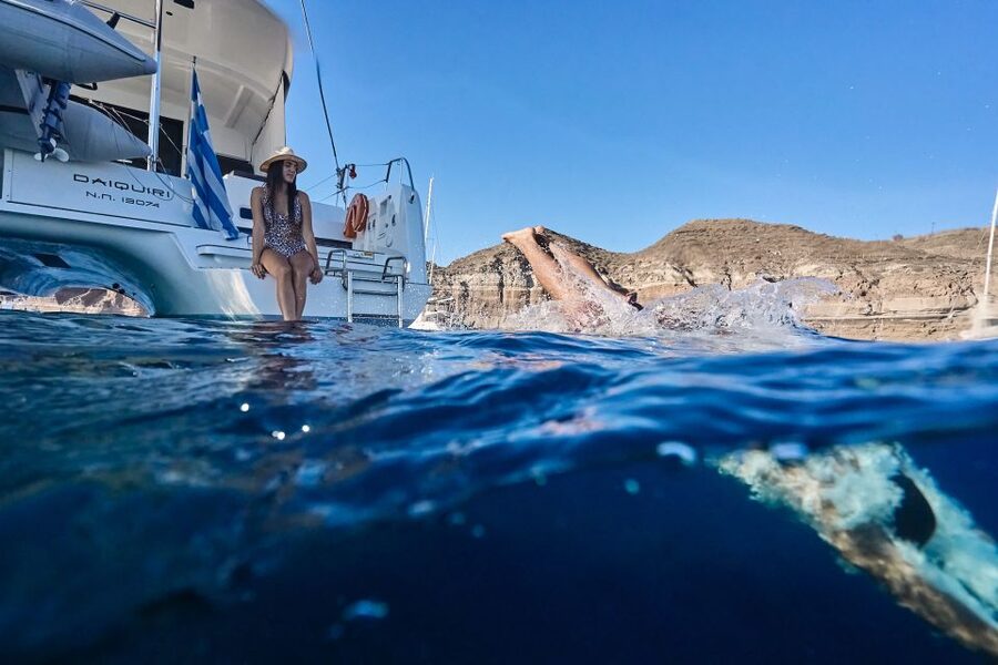 Santorini: Caldera Luxury Catamaran Cruise w/ Meal & Drinks - Mesa Pigádia snorkeling: where you’ll see the fish, if conditions are right