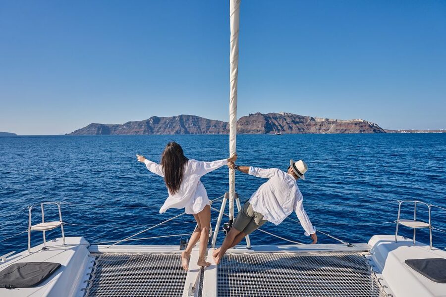 Santorini: Caldera Luxury Catamaran Cruise w/ Meal & Drinks - The Greek BBQ at sea, plus unlimited drinks that keep showing up