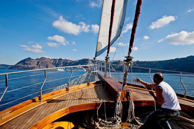 Santorini Caldera Sunset Sailing Cruise with Dinner and Wine - Dinner on Marine Thirassia: Greek buffet plus wine, in a calm cove
