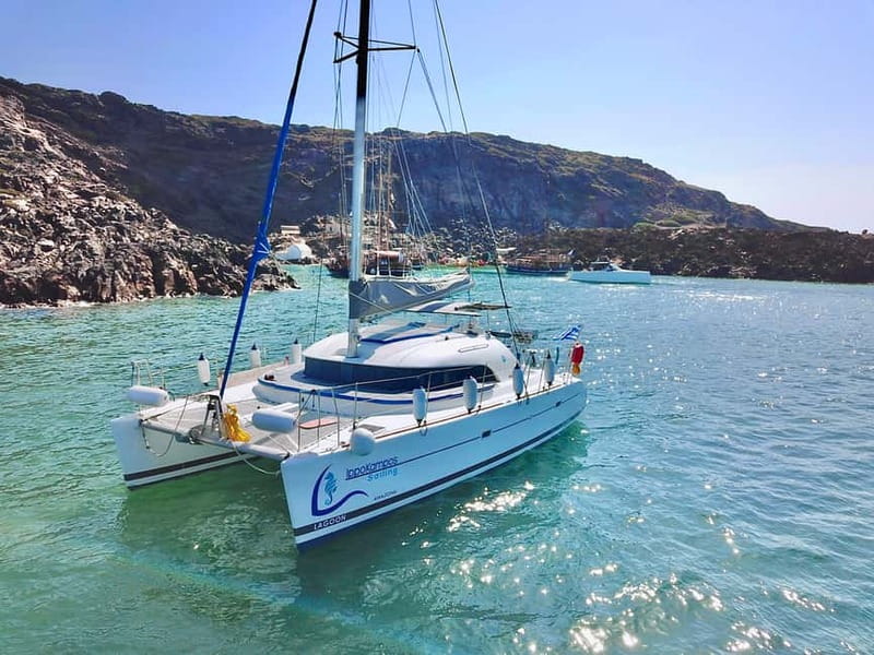 Santorini: Catamaran Cruise with Food and Drinks - Mésa Pigádia: snorkeling, then a Greek BBQ buffet that works on a boat