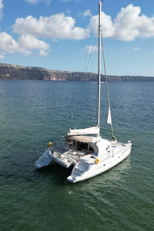 Santorini: Catamaran Cruise with Greek BBQ and Drinks - Mesa Pigadia and Palea Kameni: short scenic pauses, not beach days