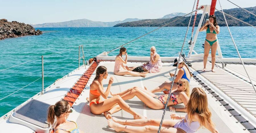 Santorini: Catamaran Tour with BBQ Dinner, Drinks, and Music - The catamaran format that actually fits Santorini