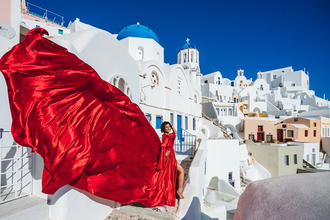 Santorini flying dress photo - Photo Delivery: Color-Corrected Sets, Retouches, and When to Expect Them