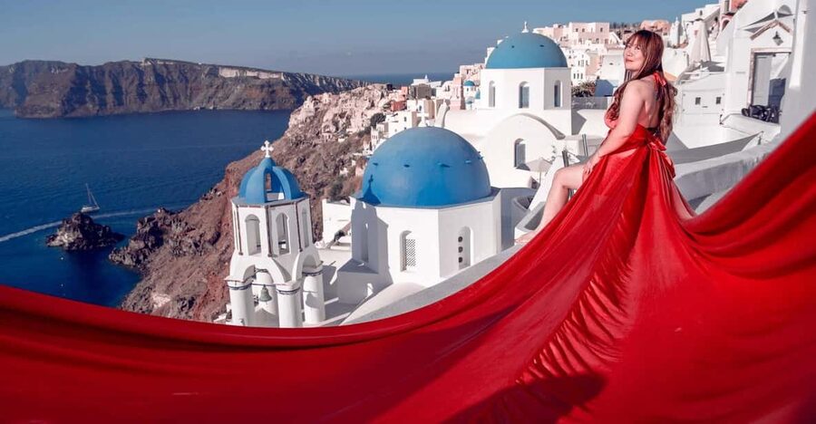 Santorini: Flying Dress Photoshoot Private Entry to Blue Dom - Dresses, colors, and how to get the flow right