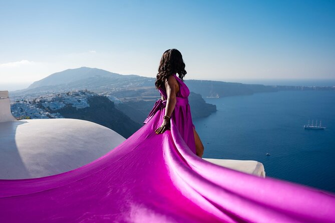 Santorini Flying Dress Private Luxury Tour Experience & Pick up - Your 1-hour shot sequence: blue-dome, then caldera and sea