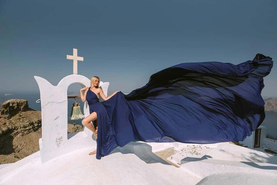 Santorini: Flying Dress with Photos & Video Reel - Flying dress photos in Santorini, why it works