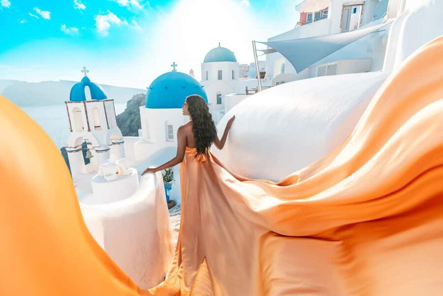 Santorini: Oia Flying Dress Photoshoot by SokoLOVE - Oia Photo Route: Caldera Views, Blue Domes, and Local-Style Spots