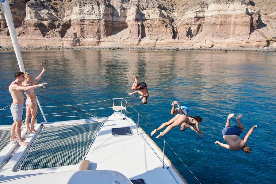 Santorini: Platinum Catamaran Cruise w/ BBQ Meal & Open Bar - Key highlights at a glance