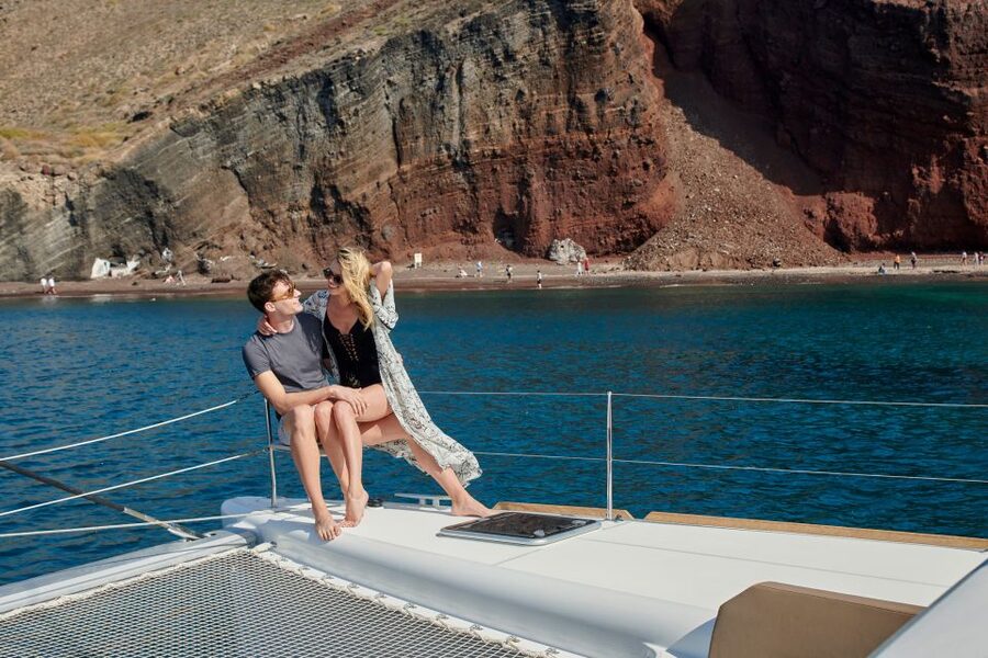 Santorini: Platinum Catamaran Cruise w/ BBQ Meal & Open Bar - Thirasia Island plus snorkeling and BBQ lunch with caldera views