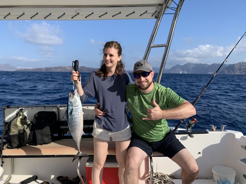 Santorini Private Cruise boat fishing tour - BBQ, Snorkeling - Fishing with Captain Makis and Elias, not just gear and luck