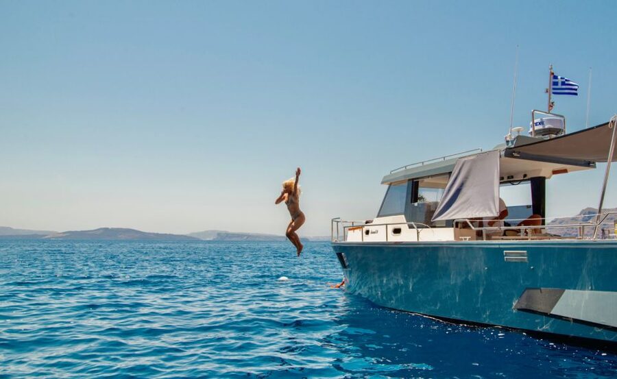 Santorini: Private Diamond 36 Motor Yacht Caldera Cruise - Hot springs and volcano energy, with time to swim