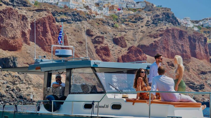 Santorini: Private Diamond 36 Motor Yacht Caldera Cruise - Fira views plus BBQ lunch, Greek wine, and dessert onboard