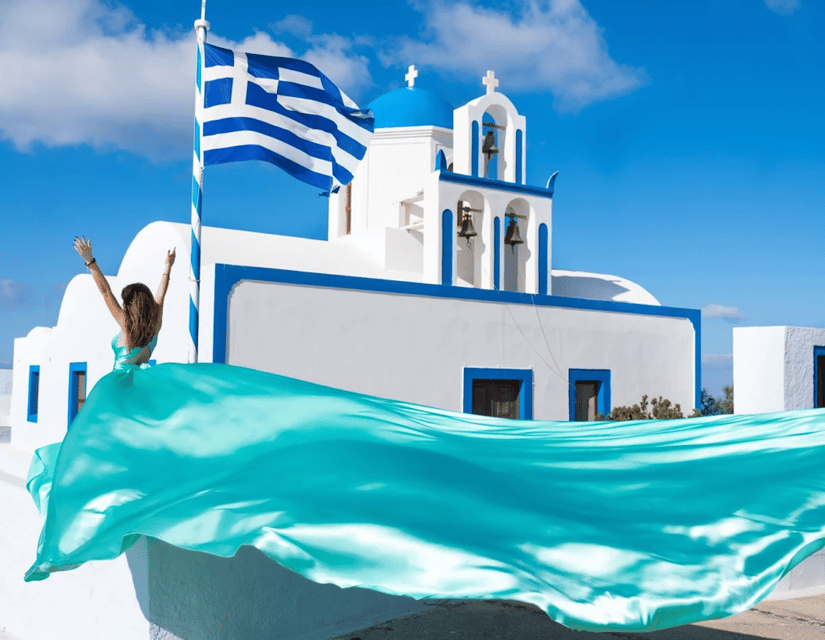 Santorini: Private Flying Dress Photoshoot with Pickup - Firostefani: wind, angles, and those cleaner viewpoint backgrounds
