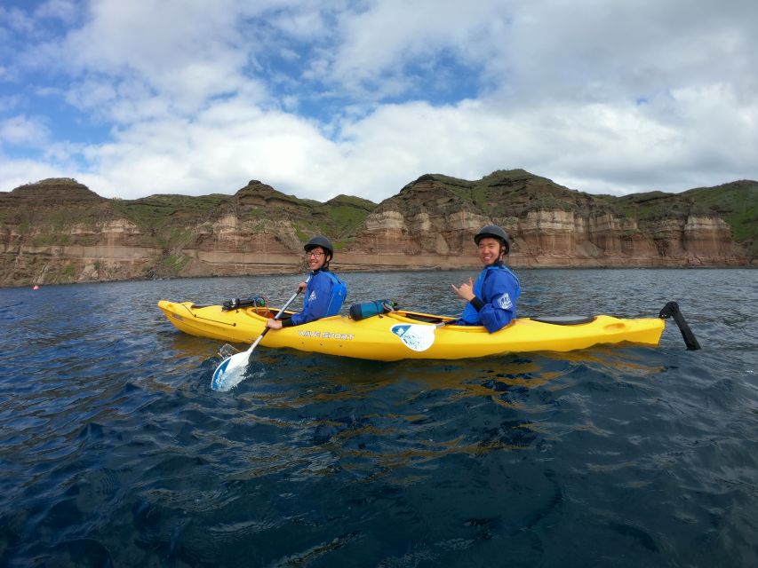 Santorini: Sea Caves Kayak Trip with Snorkeling and Picnic - Black Mountain sea caves and snorkeling stop, the practical part