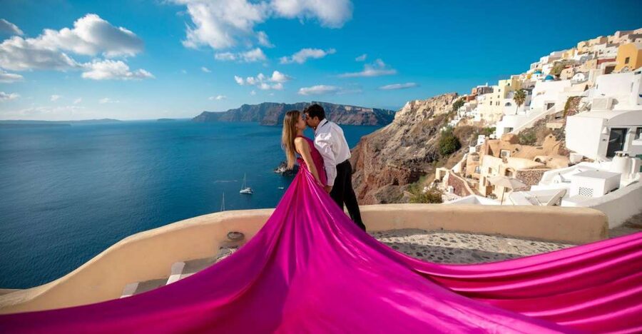 Santorini: Unique Flying Dress Photoshoot Experience - How the 1-hour flow actually feels, from Fira to your photo stop
