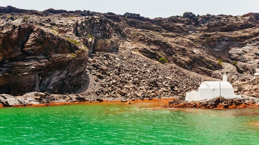 Santorini: Volcano and Hot Springs Sunset Dinner Cruise - Thirasia Island swim and the caldera sailing backdrop